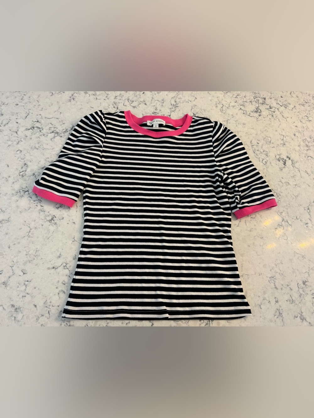 Rebecca Minkoff Black & White Striped Top with Pink Trim  Size Small  EUC